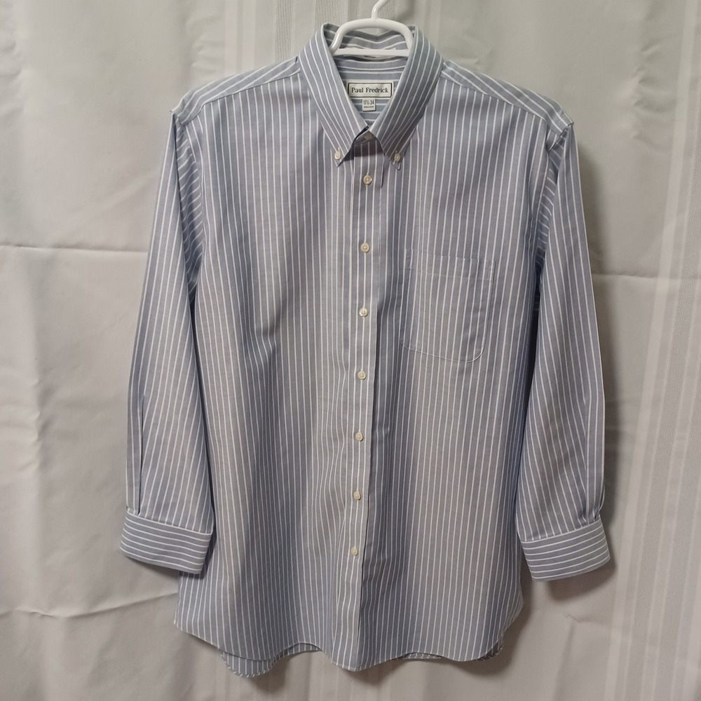 Paul Fredrick Mens Blue White Striped Supima Cotton Non-Iron Dress Shirt 17.5 34